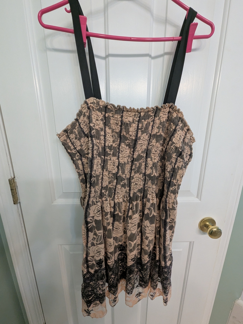 Smocked Floral Tank Top with Black Straps - Beige/Black